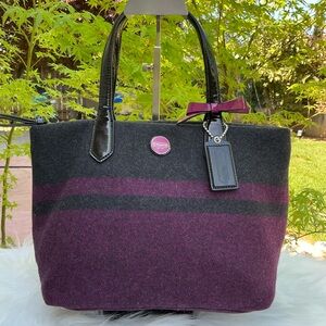 Coach Y2K F24786 Wool Purple Passion Berry Stripe Satchel Hand Tote Bag